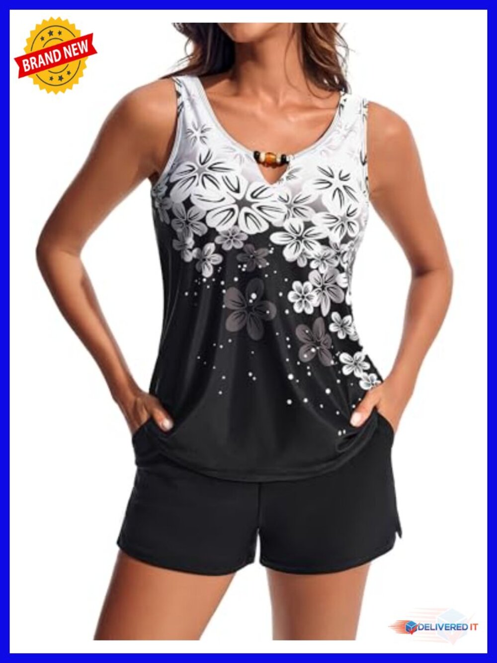 Women's Two Piece Tankini Swimsuit with Bead Neckline & Swim Shorts Pockets